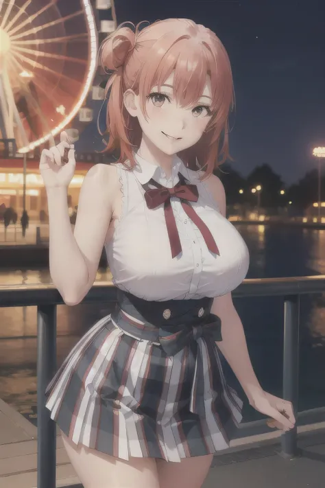 Can you draw a woman smiling in front of the giant ferris wheel at Kasai Rinkai Park,,Big Breasts,sleeveless blouse,pleated miniskirt,Accurate representation of hands and legs, , Big Breasts, thin waist , , ,I need a face,