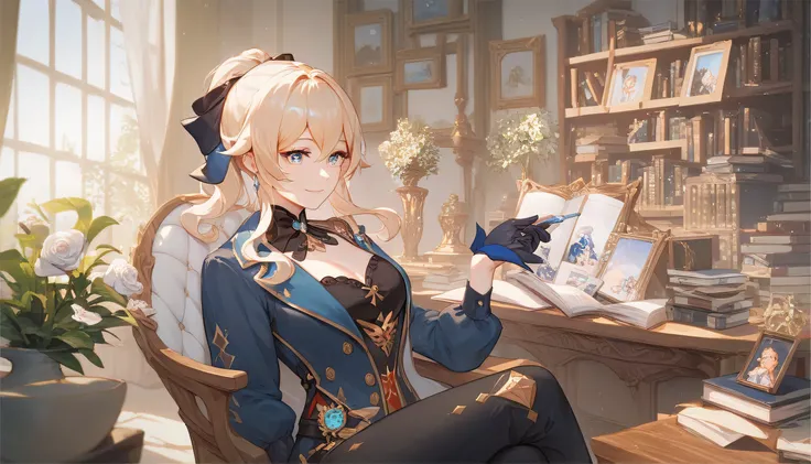 1 female, jean from genshin impact, wearing light blue floral clothes, black shirt, black Gold trousers, looking at the audience with a charming little smile, and looking elegant and dignified, in the room, bookshelves, luxurious tables and chairs, photo f...