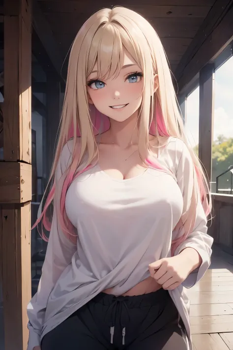   Jovem garota, 18 anos,  Big and long hair, loose and multicolored, Blonde hair and pink hair, wearing white blouse and black sweatpants,   smiling discreetly. melhor qualidade, hd, obra-prima, detalhado, vista do alto