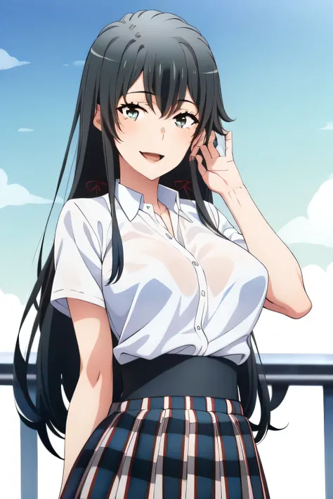 beautiful smiling woman ,can you draw a woman laughing in front of the ferris wheel at Kasai Rinkai Park,A 20-year-old adult woman with a nice smile,Please draw long black hair,with big breasts、with a thin waist,I need a face,white blouse,Navy Blue Pleate...