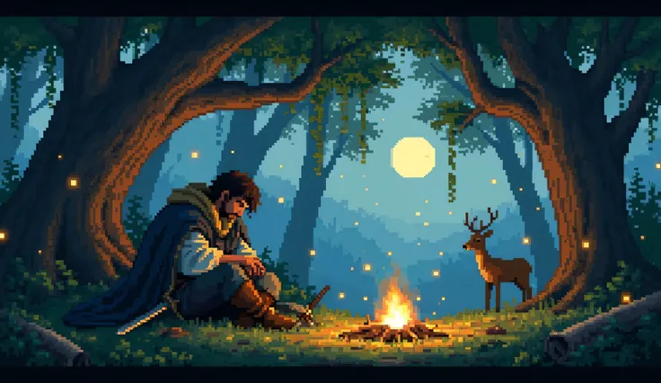 Create a detailed and atmospheric pixel art scene inspired by classic dark fantasy RPGs. The scene depicts a lone adventurer sitting with his head bowed beside a small, blazing campfire in the heart of an ancient, enchanted forest. The atmosphere should co...