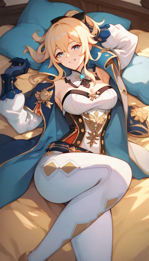 1 female, jean from genshin impact, wearing black gold, light blue jacket, blue gold pants, lying on a soft yellow bed, blue pillow, looking at the audience with a small smile and full of charm, bedroom.
