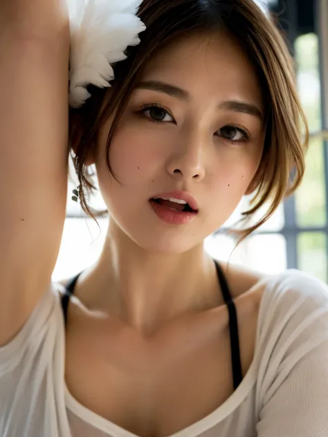 bedroom、(Sleep)、pushed down by a male、thin、small breasts Mbini、platinum blonde hair&Feather coat、        medium hair、high school girl、、女性のeyeの前で恥ずかしいお尻、thin、        whip、日本のhigh school girl、8k、dramatic lighting、     Extremely detailed image quality      、(...