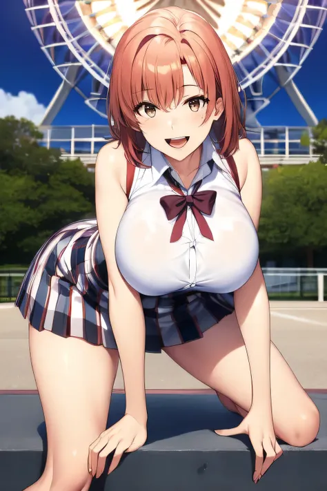 can you draw a woman laughing in front of the ferris wheel at Kasai Rinkai Park,,Big Breasts,sleeveless blouse,pleated miniskirt,Accurate representation of hands and legs, , Big Breasts, thin waist , , ,I need a face,