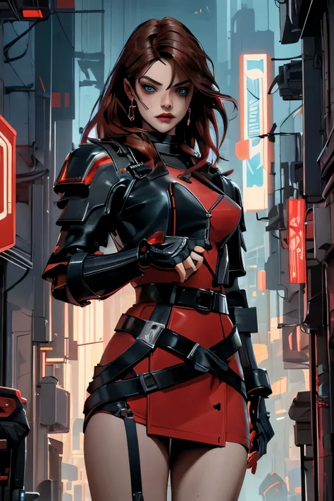 beautiful alluring cyborg cyberpunk female brawler, red mini skirt, red top, futuristic black leather jacket with glowing parts, black leather belt, long lush brown hair, blue eyes, exposed mechanical limbs, at a cyberpunk city alley at night, comic Theme,...