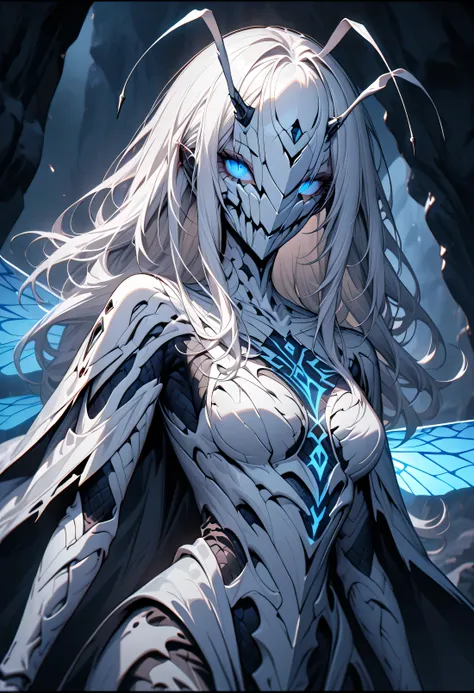 Masterpiece, Best Quality, Alone, Wasp, A Girl, Mature Woman, Mature Face, Long Hair, Long White Hair with Bright Highlights, Helmet Over Eyes, Normal Chest, White Carapace, Extra Eyes, Antennae, Thin, Blue Eyes, Detailed Eyes, Pale Skin, Black Crack, Mand...