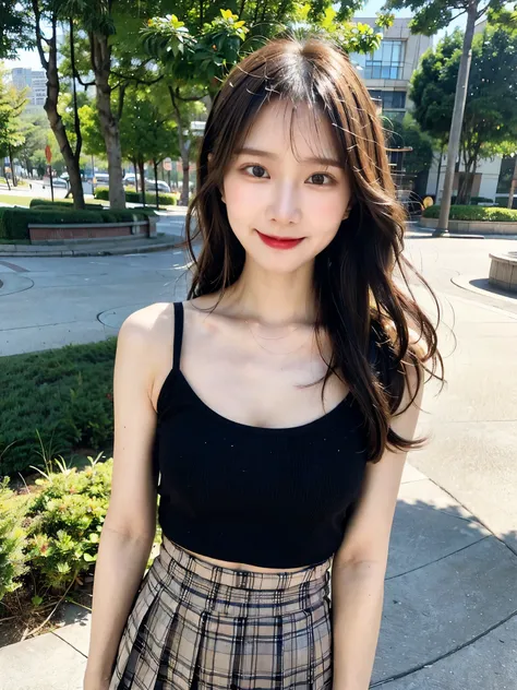 ( faithful reproduction of eye features and facial features in the image above: 1.3), beautiful woman highlighting her lower lip,full body、 (standing: 1.1), (I'm wearing a black spaghetti strap tank top: 1.1), ( wears pleated skirt : 1.1), long hair, Ponyt...