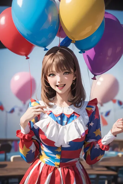 Please draw what you like.8k,balloon🎈,circus,masterpiece,8k,best-quality,pierrot,colorful,Jester's Sonnet,laugh for me,For You,laugh for me,for you,Because at what time will the day come when we can really laugh and talk,clown, CIRCUS,HD, sci-fi,