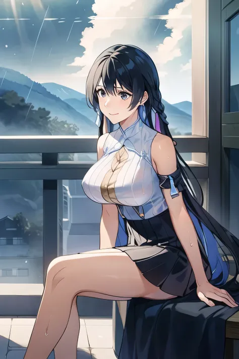 Can you draw a woman with a lovely smile reflected in a beautiful rainbow、is laughing,I need a face,Accurate representation of hands and legs,Woman with a nice smile My nipples are pointed、It's see-through when it's wet,Her chest is hidden in a costume,can...