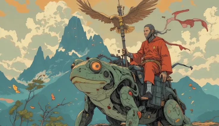 Sun Wukong riding the frog Gamabunta in his right hand carries a lua with a golden eagle