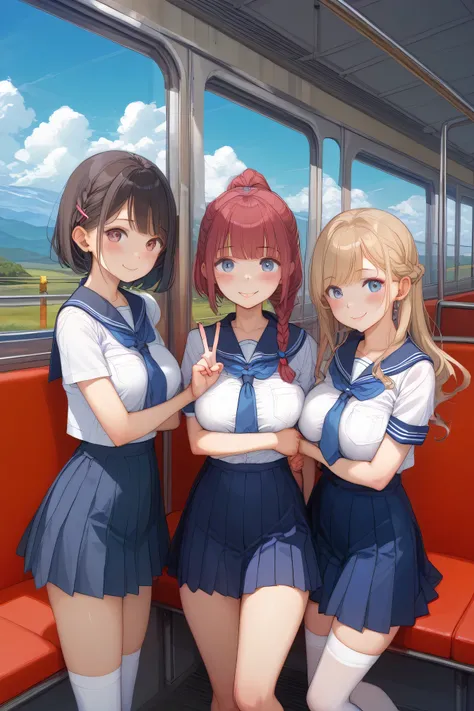 Highest Quality、masterpiece、Portrait Photography、Soft background blur 、detailed eyes、age beauty、huge breasts、braided bob cut、Ponytail、jk uniform、sailor suit、pleated skirt、White Stockings、Playfully hugging each other 、big smile、cute仕草、Station Platform、(3 gi...