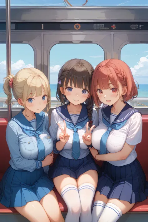 Highest Quality、masterpiece、Portrait Photography、Soft background blur 、detailed eyes、age beauty、huge breasts、braided bob cut、Ponytail、jk uniform、sailor suit、pleated skirt、White Stockings、Playfully hugging each other 、big smile、cute仕草、Station Platform、(3 gi...