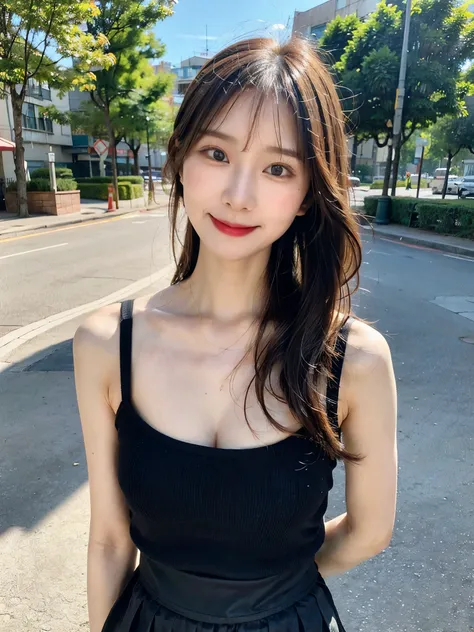 ( faithful reproduction of eye features and facial features in the image above: 1.3), beautiful woman highlighting her lower lip,full body、 (standing: 1.1), (I'm wearing a black spaghetti strap tank top: 1.1), ( wears pleated skirt : 1.1), long hair, Ponyt...