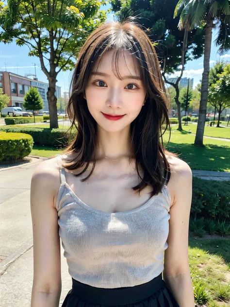 ( faithful reproduction of eye features and facial features in the image above: 1.3), beautiful woman highlighting her lower lip,full body、 (standing: 1.1), (I'm wearing a black spaghetti strap tank top: 1.1), ( wears pleated skirt : 1.1), long hair, Ponyt...