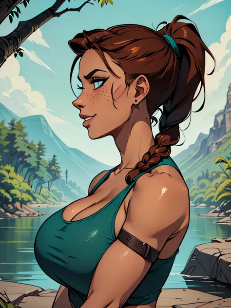 ( Absurdo, hd , Ultra detalhado, be careful with your hand ) Close-up view of a thin and athletic woman ((Lara Croft)), 25 anos, 8k (( high definition )), SORRISO MISTERIOSO, olhar sedutor, olhos castanhos, wearing a teal blue tank top (( com decote em V,...