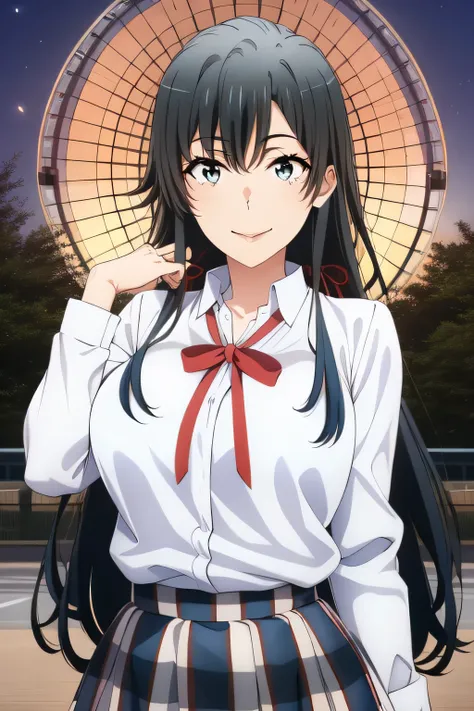 beautiful smiling woman ,Can you draw a woman smiling in front of the giant ferris wheel at Takasago Rinkai Park,20-year-old adult woman with a nice smile,Please draw long black hair,big breasts、 The ,I need a face,white blouse,Navy Blue Pleated Minisk...