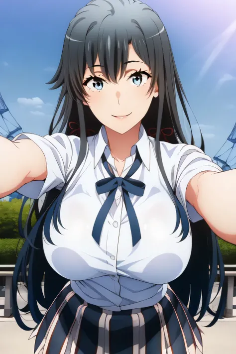 beautiful smiling woman ,Can you draw a woman smiling in front of the giant ferris wheel at Takasago Rinkai Park,20-year-old adult woman with a nice smile,Please draw long black hair,big breasts、 The ,I need a face,white blouse,Navy Blue Pleated Minisk...