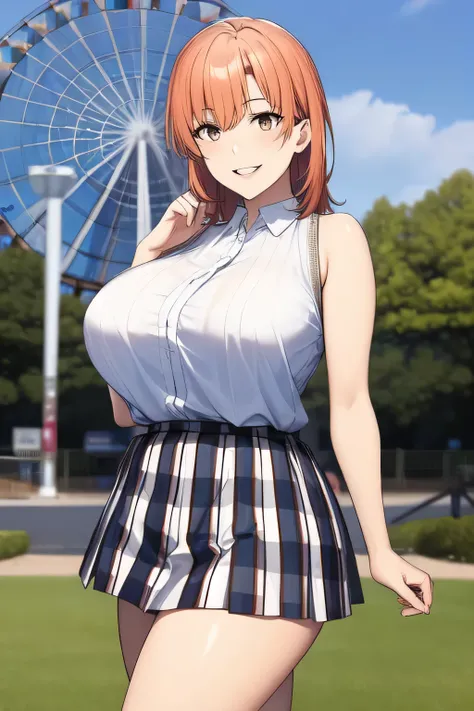 Can you draw a woman smiling in front of the giant ferris wheel at Takasago Rinkai Park,,Big Breasts,sleeveless blouse,pleated miniskirt,Accurate representation of hands and legs, , Big Breasts, thin waist , , ,I need a face,
