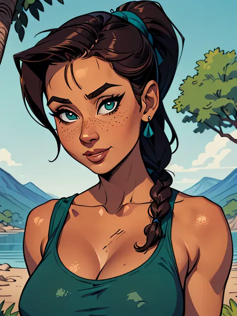 ( Absurdo, hd , Ultra detalhado, be careful with your hand ) Close-up view of a thin and athletic woman ((Lara Croft)), 25 anos, 8k (( high definition )), SORRISO MISTERIOSO, olhar sedutor, olhos castanhos, wearing a teal blue tank top (( com decote em V,...