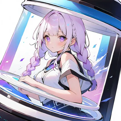 score_9,score_8,score_7,winning work、(((Kakuhime sitting in a white pillarless case)))、PC Case、pure white、RGB、The person with the best details、Highest Quality、Milky white and purple gradient hair color、 long braids、