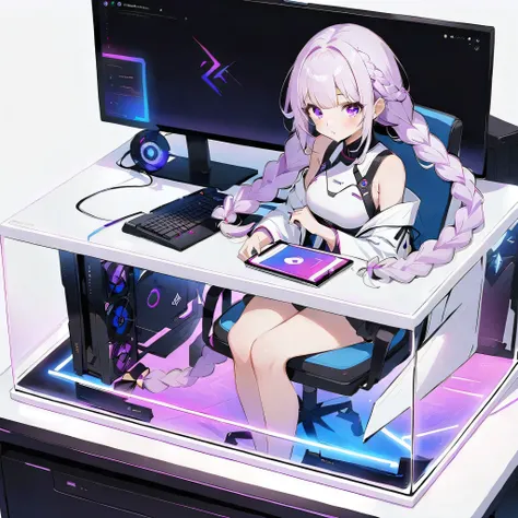 score_9,score_8,score_7,winning work、(((Kakuhime sitting in a white pillarless case)))、PC Case、pure white、RGB、The person with the best details、Highest Quality、Milky white and purple gradient hair color、 long braids、