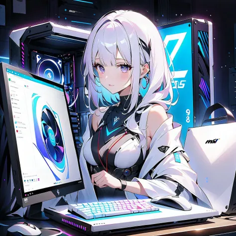 score_9,score_8,score_7,winning work、Inuhime sitting inside an MSI white pillarless case、PC Case、pure white、RGB、The person with the best details、Highest Quality、