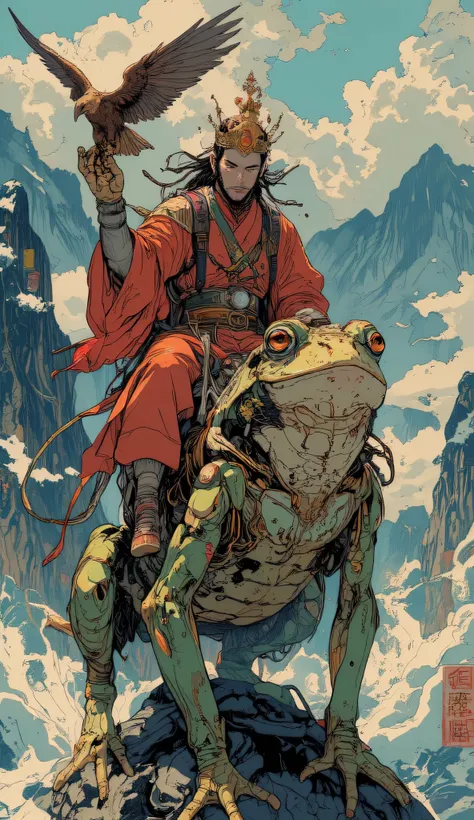 High quality dvd,4K Sun Wukong riding the frog Gamabunta in his right hand he wears a lur (falconry glove) wearing a golden eagle, dynamic pose, Hokusai-style mountain backdrop