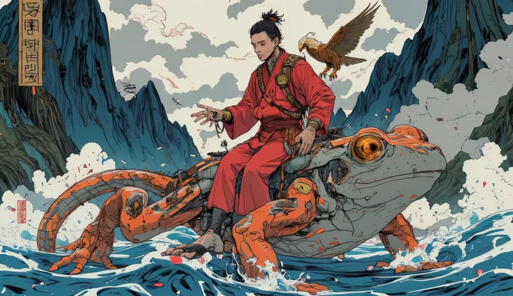 High quality dvd,4K Sun Wukong riding the frog Gamabunta in his right hand he wears a lur (falconry glove) wearing a golden eagle, dynamic pose, Hokusai-style mountain backdrop