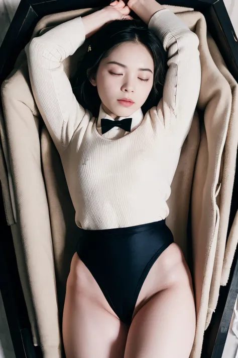 (masterpiece, highest quality), 1 girl, beautiful face, beautiful body,  wearing a Black gymnastics bloomers, High leg、white blouse,    cowboy shot、lying in a coffin、full body portrait、alone, complex details, enlarged textures, complex details, finely deta...