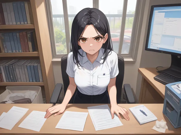 NSFW, masterpiece, 1 girl, Medium sized breasts, PC, The background is the office, company employee, White shirt, Black Suit, Long Black Hair, parted bangs, she is standing, Brown eyes, The viewers are angry with her, BREAK ,score_9, score_8_up, score...