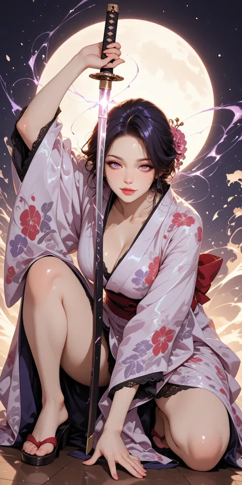 Woman, adult, polite, mature, kimono, black color, beige color, red color, purple color, iridescence, glow, shine, glossy, dynamic pose, dynamic angle, holding katanA, glowing katana, She poses playfully on one knee, reaching out with one hand while holdin...