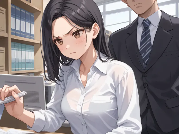 NSFW, masterpiece, 1 girl, Medium sized breasts, Black Bra, PC, The background is the office, company employee, White shirt, Black Suit, Long Black Hair, parted bangs, she is standing, Brown eyes, The viewers are angry with her, BREAK ,score_9, score_...
