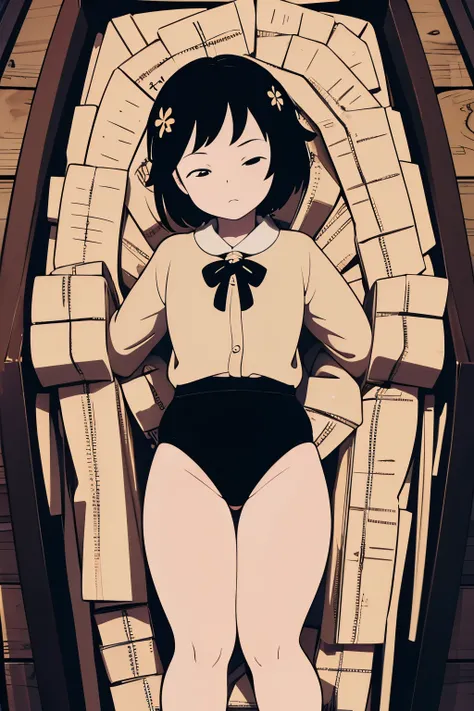 (masterpiece, highest quality), 1 girl, beautiful face, beautiful body,  wearing a Black gymnastics bloomers, High leg、white blouse,    cowboy shot、lying in a coffin、full body portrait、alone, complex details, enlarged textures, complex details, finely deta...