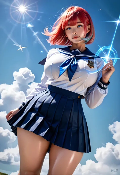 (shiny blue sky:1.4), good body, wind,lighting eyes, (saint magic hair:1.3) ,beautiful ,bangs,(short hair with bangs:1.4),(big  breasts :1.5),(shiny big  hip:1.4),, (hue inverted:1.3),outer space,(big school  uniform:1.5),(japanese girl:1.4)

