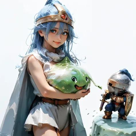 two person:1.2, sage(dq3) wearing white robe cleavage short sleeve:1.1, holding slime:1.5, slime smiling,  best quality, high detailed, masterpiece, BREAK, another second person knight:1.2, wearing armor, standing in the distance