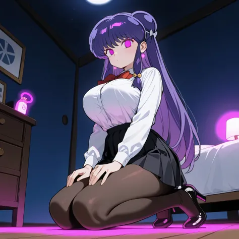 score_9, score_8_up, score_7_up, 1girl, solo, (top quality, 8k), high resolution, smooth, best quality, highly detailed, looking at viewer, bedroom at night, (dark room), ((from below)), huge breasts, glowing hypnotic waves in the background, at night, ((...