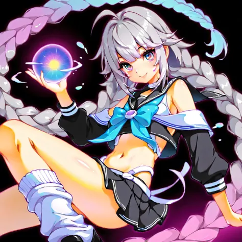 BEST DETAILS、1GIRL,pretty face、Baby Face、(((dynamic best composition、Highest Quality、Max Masterpiece、Super Detail、after being played in high definition、CG、HHD、16K))), (woman wears long purple and white gradation braids),Bare shoulders, black skirt, Gray Ha...