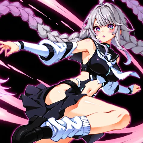 BEST DETAILS、1GIRL,pretty face、Baby Face、(((dynamic best composition、Highest Quality、Max Masterpiece、Super Detail、after being played in high definition、CG、HHD、16K))), (woman wears long purple and white gradation braids),Bare shoulders, black skirt, Gray Ha...