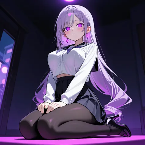 score_9, score_8_up, score_7_up, 1girl, solo, (top quality, 8k), high resolution, smooth, best quality, highly detailed, looking at viewer, bedroom at night, (dark room), ((from below)), large breasts, glowing hypnotic waves in the background, at night, (...
