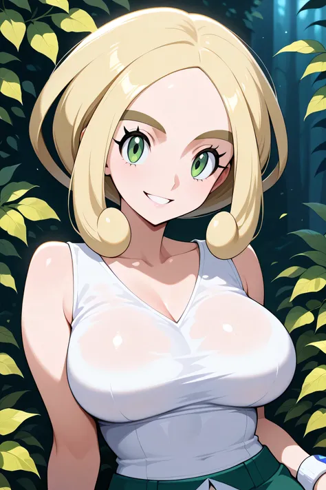 Masterpiece, Top Quality, Solo, Curvy, Beautiful Eyes, Thin Waist, One Girl, Solo, Smiling, Looking at Viewer, zzViola, Viola (Pokemon), Green Eyes, Eyelashes, Thick Eyebrows, Blonde, Short Hair, Parted Bangs, Side Locs, Sleeveless Shirt, White Shirt, Wris...