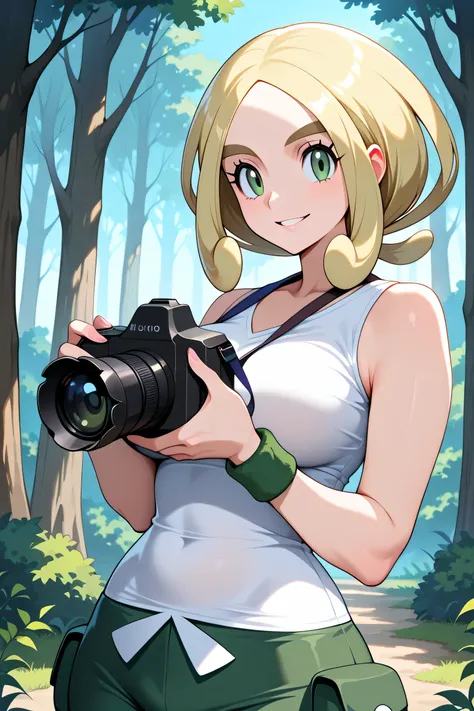 Masterpiece, Top Quality, Solo, Curvy, Beautiful Eyes, Thin Waist, One Girl, Solo, Smiling, Looking at Viewer, zzViola, Viola (Pokemon), Green Eyes, Eyelashes, Thick Eyebrows, Blonde, Short Hair, Parted Bangs, Side Locs, Sleeveless Shirt, White Shirt, Wris...
