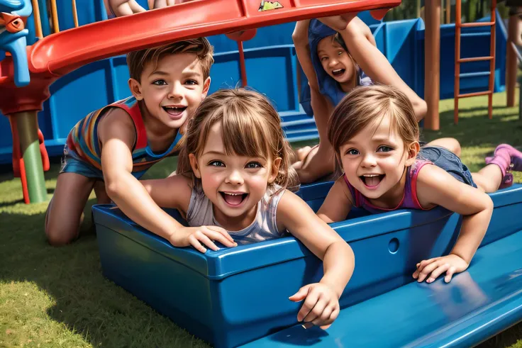 Realistic: 1.6, 3 people, 3 boys and girls, detailed face, detailed eyes, detailed skin, playing with toys, happy, playground, fun atmosphere, colorful background, best Quality, 4k, UHD