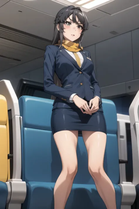 Black straight long hair、I need a face，、   her hands and feet are accurately depicted   ，flight attendant uniform，Please draw her expression more delicately，    Dark Blue Panties ，（draw a more delicate expression），（Yellow Scarf），（     Navy Blue Blazer， dar...