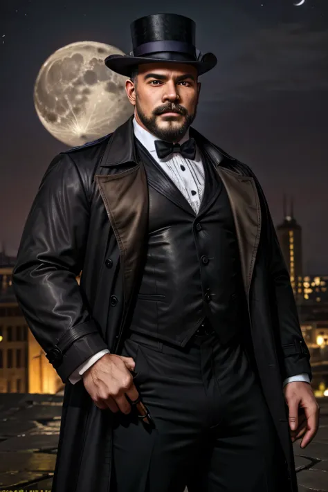 (8k, high definition, masterpiece) A handsome bald Arabic dark priest. bronze-skinned. wearing a black suit underneath a gothic trench coat. wearing black pants wearing a top hat. holding a cane. full white beard and moustache. (Black, brown, and purple co...
