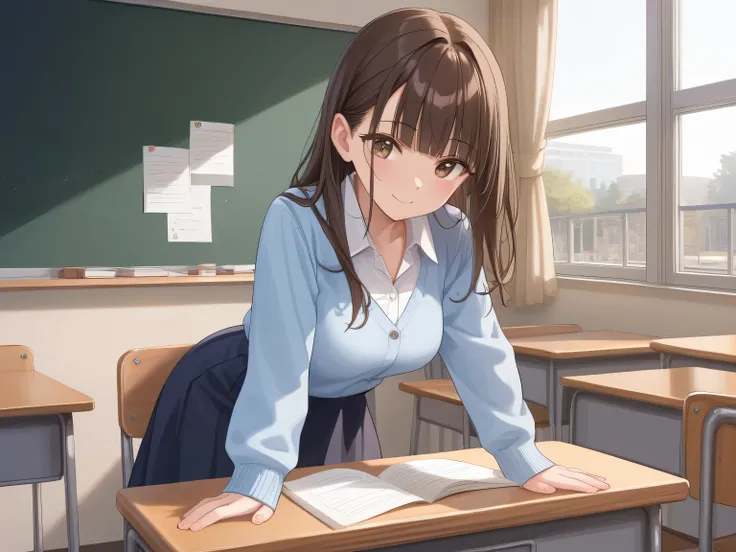 NSFW, masterpiece, 1 girl, Medium sized breasts, The background is a school classroom, blackboard, adult, teacher, White shirt, (Light blue cardigan), Poses that emphasize the breasts, Leaning forward, (Brown long skirt:1.2), Brown Hair, blunt bangs, Sh...
