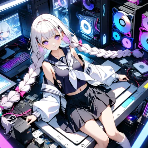Kakuhime in the PC case、((Inuhime looks up hard at PC parts with a fan in a milky white pillarless case)))、near future、BEST DETAILS,(((Highest Qualityのキラキラした瞳)))、New design sailor combining neon color、1GIRL、pretty face、Baby Face、(((dynamic best composition...