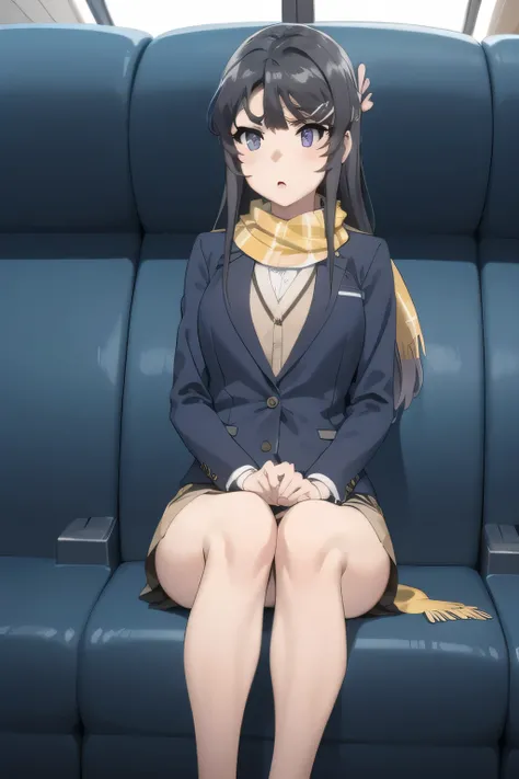 Black straight long hair、I need a face，、   her hands and feet are drawn accurately   ，flight attendant uniform，Please draw her expression more delicately，       Dark Blue Panties ，（draw a more delicate expression），（Yellow Scarf），（     Navy Blue Blazer， dar...
