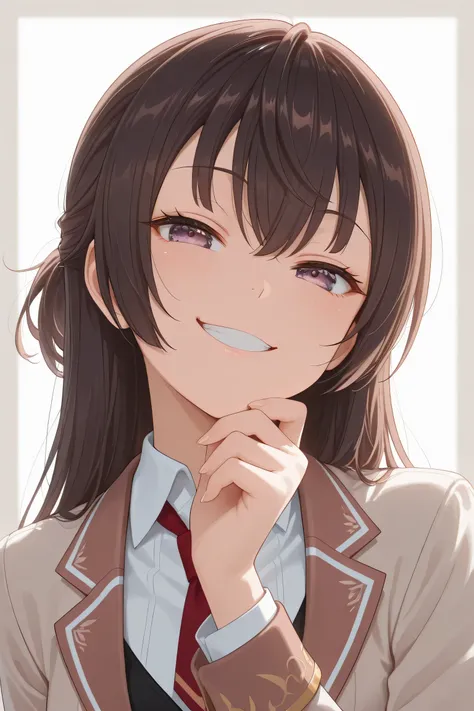yuki suou, head tilt, smug, grin, smile, hand on chin, mischievous eyes