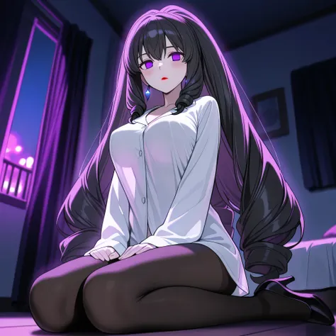 score_9, score_8_up, score_7_up, 1girl, solo, (top quality, 8k), high resolution, smooth, best quality, highly detailed, looking at viewer, bedroom at night, (dark room), ((from below)), large breasts, covered breasts, glowing hypnotic waves in the backgro...