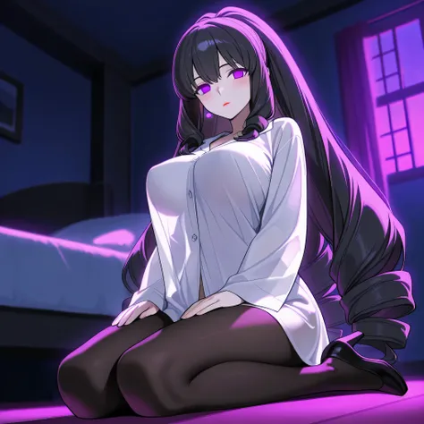 score_9, score_8_up, score_7_up, 1girl, solo, (top quality, 8k), high resolution, smooth, best quality, highly detailed, looking at viewer, bedroom at night, (dark room), ((from below)), huge breasts, see-through silhouette, covered breasts, glowing hypnot...